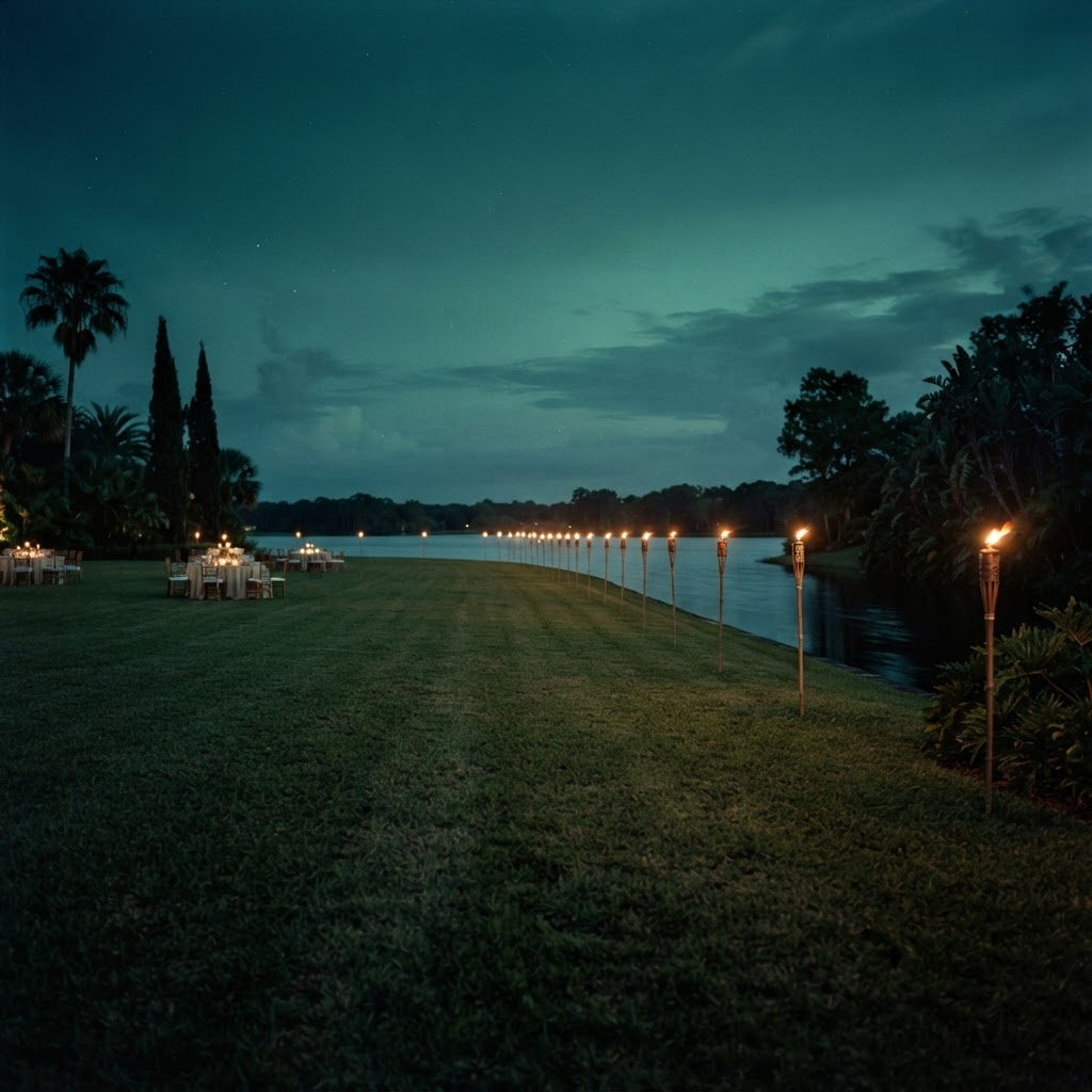 A vast lawn at twilight lined with lit tiki torches running down to the lake, a few candlelit dinner tables set far off across the grass