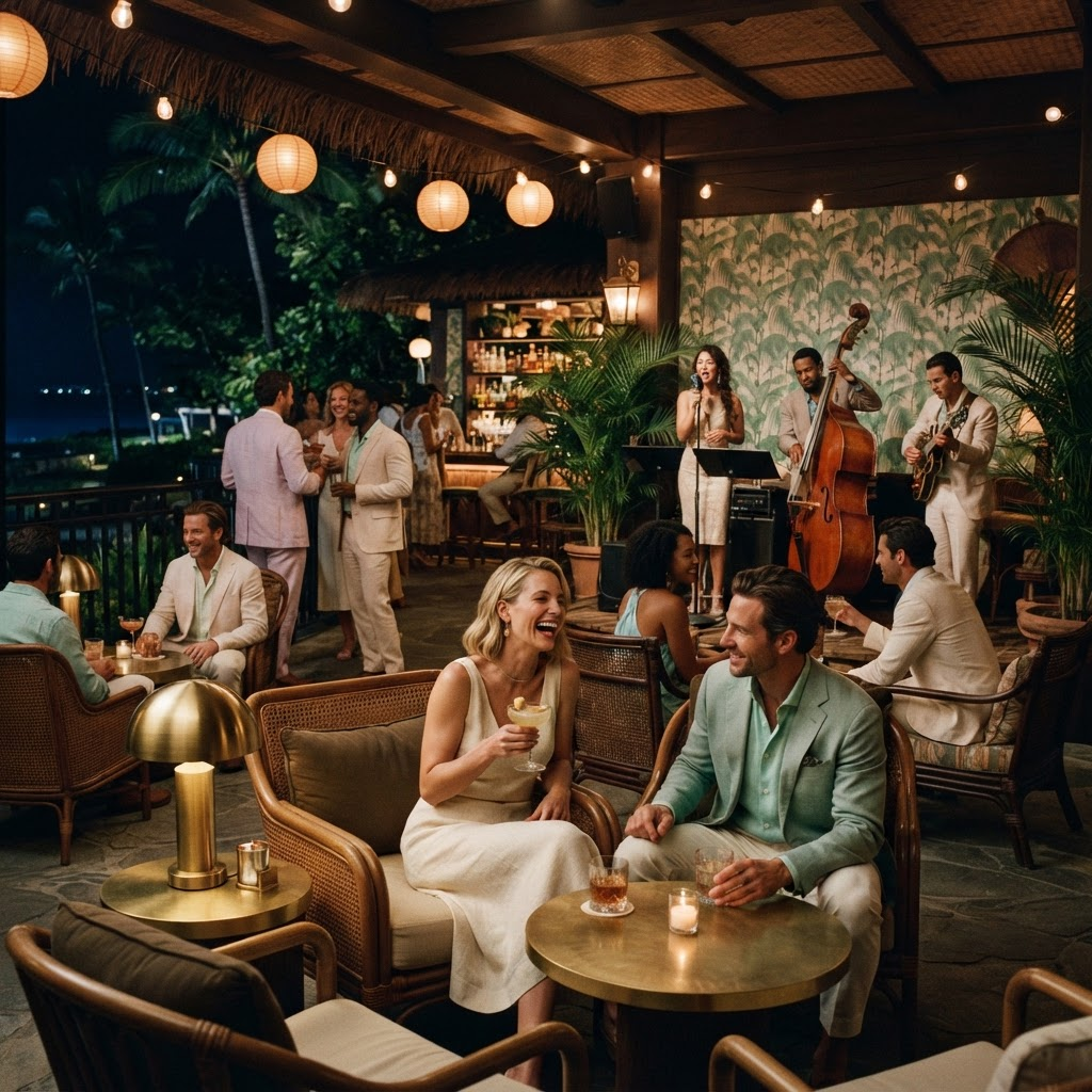 Guests in pastel linen on the resort terrace at night beneath paper lanterns